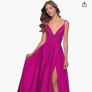 Gorgeous floor length fuscia / hot pink satin gown formal dress with high slit